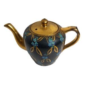 Vintage Gibson Staffordshire Teapot Black Glaze Gold Luster Blue Floral England